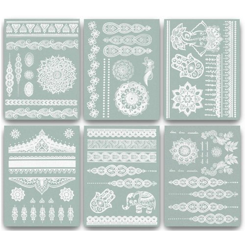 Terra Tattoos White Henna Temporary Tattoos 75+ Mandala Tattoos Flowers, Mandalas, Elephants & more! Waterproof Nontoxic Long Lasting Perfect for Beach, Festivals, & Parties