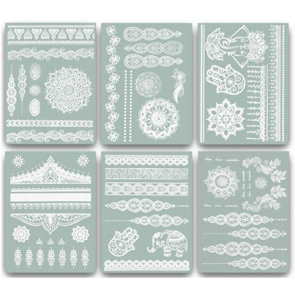 Terra Tattoos White Henna Temporary Tattoos 75+ Mandala Tattoos Flowers, Mandalas, Elephants & more! Waterproof Nontoxic Long Lasting Perfect for Beach, Festivals, & Parties