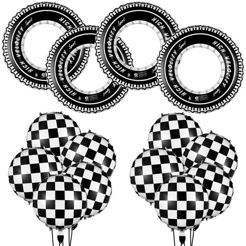 14 Pcs Car Decorations Racing Cars Birthday Party Supplies, 4 Tire Tube Swim Ring Inflatable Tire Floats for Pool with 10 Balloons 18 Inch Race Car Balloons for Birthday Car Themed Party (Plaid Style)