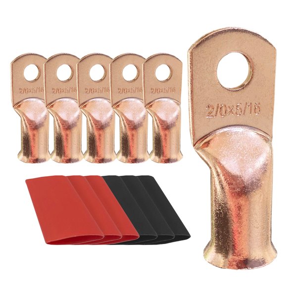 6pcs 2/0 AWG-5/16 Ring Battery Lugs, Copper Lugs, Battery Cable Ends, Tubular Ring Terminals, Crimp Wire Ring Lugs, Battery Terminal Connectors with Heat Shrink Tubing (6, 2/0 Awg - 5/16" (M8) Ring)