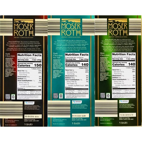 German Dark Chocolate Bundle of 3 Varieties. Moser Roth Dark Sea Salt, 70% Cocoa and Dark Mint Pack of 3. Low Sugar Gourmet Candy Bars. Good for the Waist Line and Chocolate Lovers! From Germany!