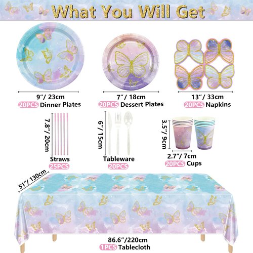 XJLANTTE 166 Pcs Butterfly Birthday Decorations - Including Butterfly Paper Plates, Napkins, Cups, Tablecloth and Straws for Fairy Birthday Decorations Butterfly Birthday Party Supplies, Serve 20