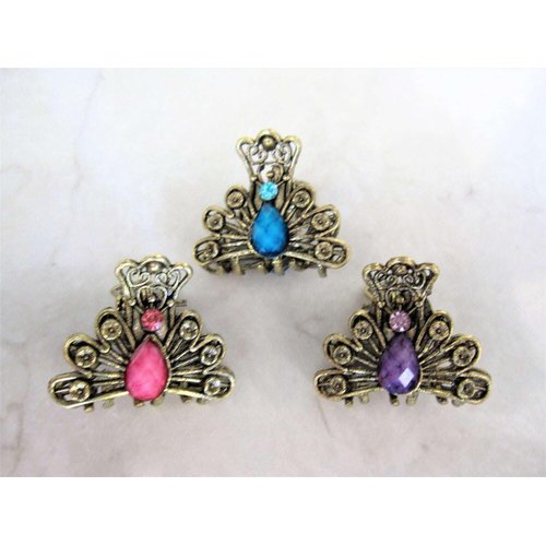 Generic small mini metal peacock shaped jeweled antique style bronze hair claw clip Set A(Primary color: Pink)