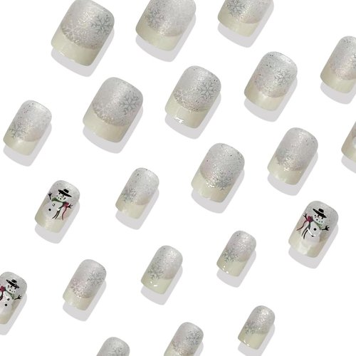 24Pcs Short French Tip Press on Nails Christmas Fake Nails with Snowmen Snowflake Glitter Designs Winter False Nails Glossy White Nail Tips Glue on Nails for Women DIY Christmas Acrylic Nails
