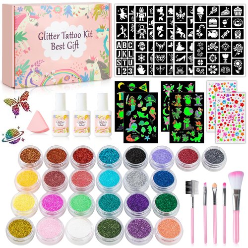 Temporary Glitter Tattoos Kids,26 Glitter Colors,137 Stencils,2 diamond stickers,4 Tattoo Stickers,3 Glue,5 Brushes,1 Powder Puff,Adults and Kids Arts Glitter Kit,Holiday Gifts for Girls&Boys.
