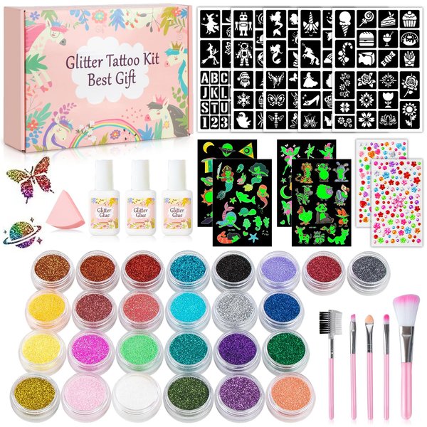 Temporary Glitter Tattoos Kids,26 Glitter Colors,137 Stencils,2 diamond stickers,4 Tattoo Stickers,3 Glue,5 Brushes,1 Powder Puff,Adults and Kids Arts Glitter Kit,Holiday Gifts for Girls&Boys.