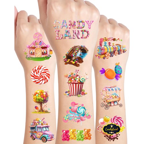 244 Pieces Cute Candyland Temporary Tattoos Stickers,20 Sheets Candy Land Lollipop Donut Themed Tattoos Stickers Party Decoration favors for Kids Girl Boys Birthday Baby Shower Sweet Shop