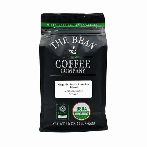 The Bean Organic Coffee Company South America, Medium Roast, Ground Coffee, 16-Ounce Bag, Café molido tostado orgánico