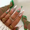 Glitter Green Irregular Pattern Press on Nails Extra Long Ballerina Fake Nails White Lines Coffin Nails Glossy Full Cover Artificial False Nails Design Reusable Stick on Nails Glue on Nails for Women