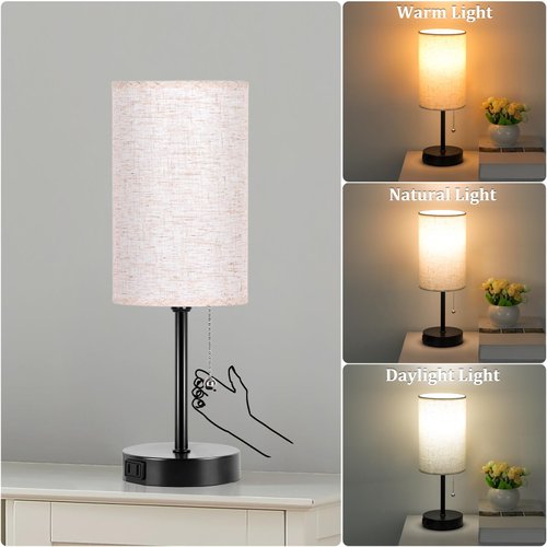Dott Arts Table Lamp for Bedroom, 3-Color Bedside Lamps with Pull Chain, Bedroom Table Lamps for Nightstand,Small Lamp for Living Room, Bulb Included