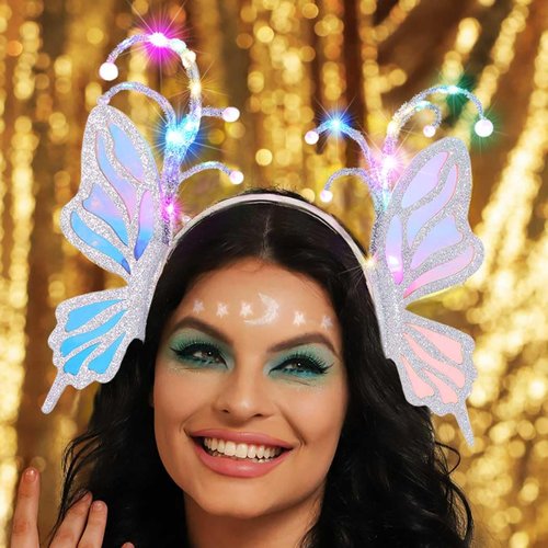 CAKURE Light Up Butterfly Headband LED Glow Hair Band Fairy Costume Headwear Cosplay Rave Party Hair Accessories for Women (a-silver, free size)