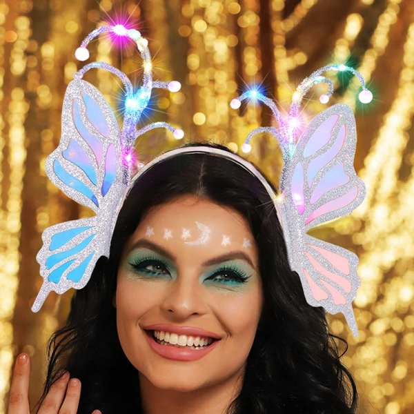 CAKURE Light Up Butterfly Headband LED Glow Hair Band Fairy Costume Headwear Cosplay Rave Party Hair Accessories for Women (a-silver, free size)