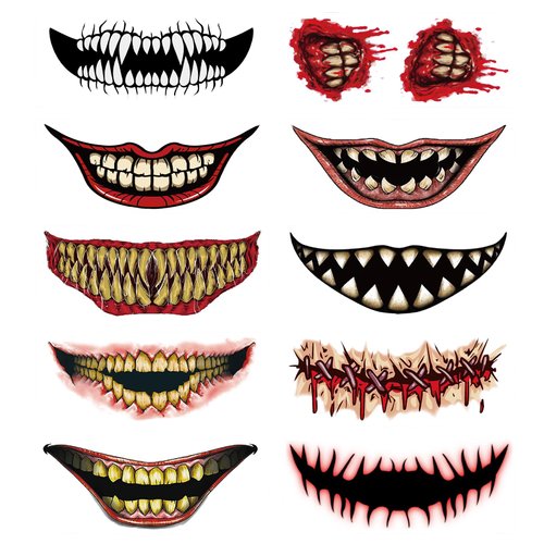 Halloween Prank Makeup Temporary Tattoo Horror Lip Big Mouth Fake Tattoo Stickers Decals Kits for Women Men Clown Cosplay Zombie Makeup Party DIY Costume Decorations (10 Sheets)