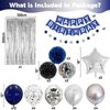 Blue and Silver Birthday Decorations for Men Boys, Navy Blue Silver Party Decoration Royal Bue Silver Birthday Balloons Happy Birthday Banner Pom Poms Silver Fringe Curtain for Birthday Party Supplies