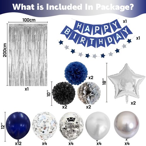 Blue and Silver Birthday Decorations for Men Boys, Navy Blue Silver Party Decoration Royal Bue Silver Birthday Balloons Happy Birthday Banner Pom Poms Silver Fringe Curtain for Birthday Party Supplies