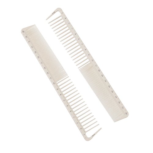 (2PCS) Hair Cutting Combs with Ruler Measurements/Peines de Corte con Medida Tool | Small, Tapered, Portable & Anti-Static Long Measuring Professional Combs for Salon, Barber Styling (Beige Color)