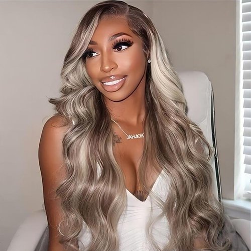 MACA BAKA Ombre Highlight Brown Ash Blonde 13x4 Lace Front Wigs for Women Glueless Long Wavy Brown and Blonde Synthetic Lace Front Wig Pre Plucked 150 Density 24 Inches