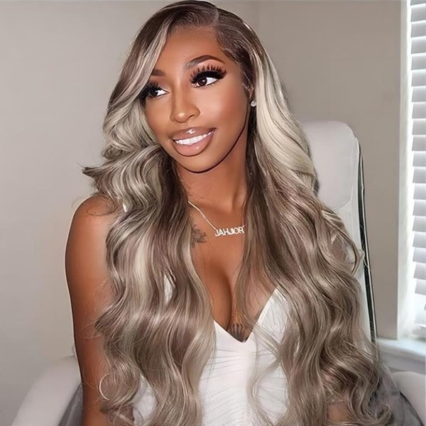 MACA BAKA Ombre Highlight Brown Ash Blonde 13x4 Lace Front Wigs for Women Glueless Long Wavy Brown and Blonde Synthetic Lace Front Wig Pre Plucked 150 Density 24 Inches