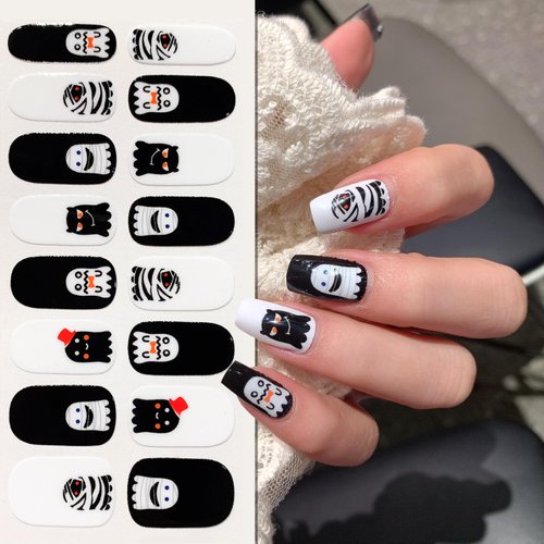 Halloween Cute Ghost Gel Nail Strips Halloween Nail Stickers Full Nail Wraps Pumpkins Cat Ghost Spider Nail Polish Strips Glitter Design Gel Nails Decals with 2 Piece Nail Files for Party Decor 6Pcs