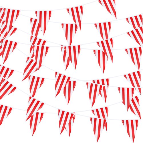 8 Sets 256 ft 160 Pieces Carnival Circus Bunting Banner Red and White Striped Pennant Banner Triangle Bunting Flag for Carnival Circus Birthday Party Decorations Supplies