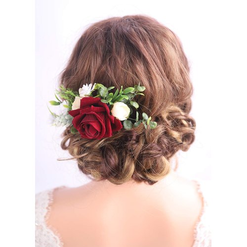 Kercisbeauty Red Floral Hair Clip Burgundy Wedding Hair Comb Headband for Brides Garden Wedding Bridal Bridesmaide Headpiece Flower Girl Hair Dress