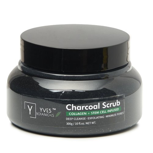 Activated Charcoal Body Scrub with Collagen and Stem Cell Infused 10 fl oz, Deep Cleanse, Exfoliate, Tone, Moisturize