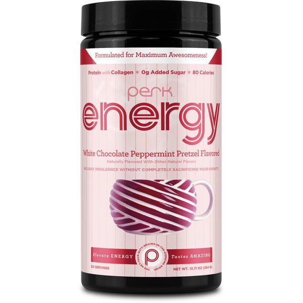 Perk Energy Original White Chocolate Peppermint Pretzel Drink Mix (20 Servings) - Gluten Free, Soy Free, Peanut Free