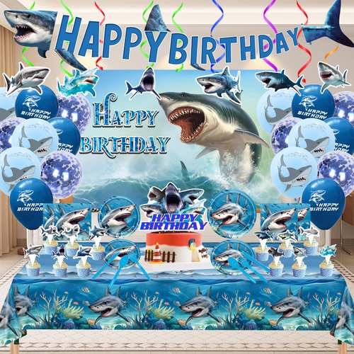Shark Birthday Party Supplies, Shark Theme Style Party Include Happy Birthday Banner, Backdrop, Tableware Set, Tablecloth, Hanging Swirls, Cake Toppers, Cupcake Toppers, Latex Balloons(A)