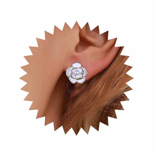 Sttiafay Vintage Pearl Flower Earrings Camellia Flower Stud Earrings Enamel White Flower Petal Earrings Gold Pearl Stud Earrings Jewelry for Women