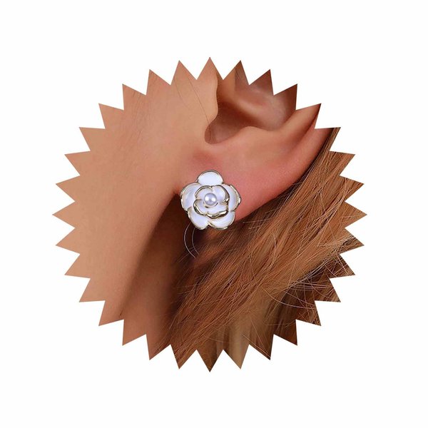 Sttiafay Vintage Pearl Flower Earrings Camellia Flower Stud Earrings Enamel White Flower Petal Earrings Gold Pearl Stud Earrings Jewelry for Women