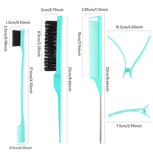 Remerry 12 Pieces Hair Brush Set, Nylon Teasing Hair Brushes 3 Row Salon Teasing Brush, Double Sided Hair Edge Brush Smooth Comb Grooming, Rat Tail Combs with Duckbill Clips for Women (Mint Green)