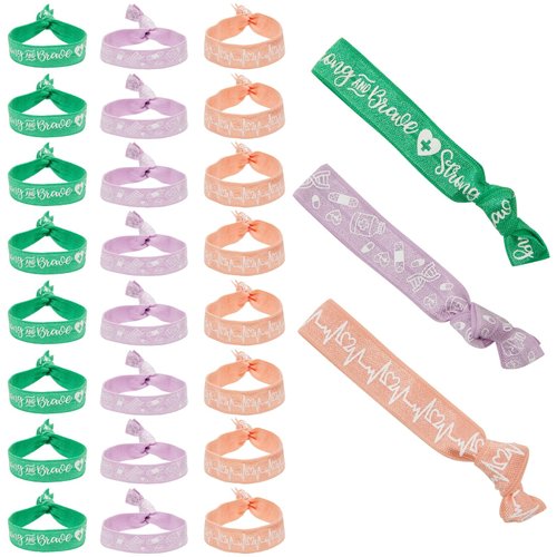 Zodaca 30-Pack Elastic Hair Tie Ribbons in 3 Colors, No Crease Knotted Elastics for Women, Nurse Appreciation Gift (Green, Purple, and Orange)