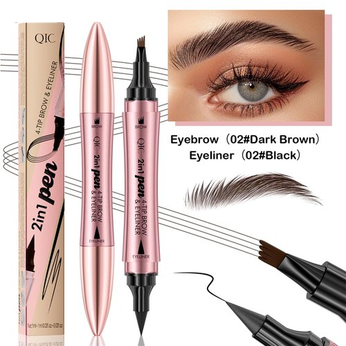 2 in 1 Microblading Eyebrow Pen with Eyeliner Pencil, Waterproof Eyebrow Pencil with 4 Fork Tip Multifunctional Double Head Microblade Eyebrow Pencil Waterproof and Long-Lasting (Dark brown)