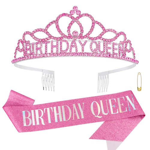 Chanaco Birthday Sash Tiaras for Women Happy Birthday Queen Tiara Birthday Crown for Girls Pink Birthday Decorations Princess Rhinestone Headband Birthday Party Suppliers Gifts