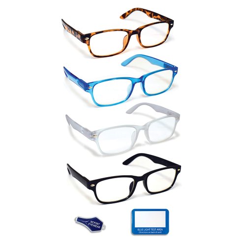 Boost Eyewear Blue Light Blocking Reading Glasses, 4 Pack, Antiglare Lenses, Traditional Style Frames in 4 Fashionable Colors, for Men and Women, with Spring Loaded Hinges (Assorted Colors, 2.00)