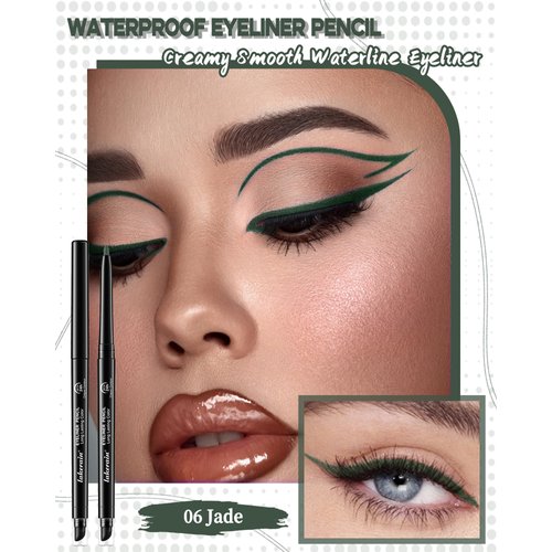 Dark Green Waterproof Eyeliner Gel Pencil- 2Pcs Smudge Proof Long Lasting Retractable Eyeliner Pen, Creamy Eyeliner Waterline, Smoky Makeup Eye Liner Pencils for Women, Built-In Sharpener & Smudger-06