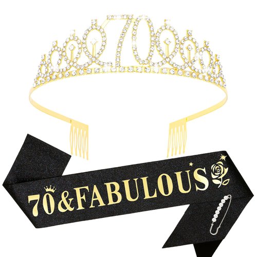 YARIEW Gold Crown + 70 & Fabulous Birthday Sash + Pearl Pin Set, 70th Birthday Decorations, 70th Birthday Gifts for Women, 70th Birthday Party Favor…
