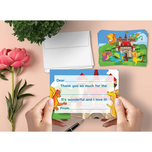 Leigha Marina Dragons Thank You Cards for Kids, 20 Notes & 20 Envelopes