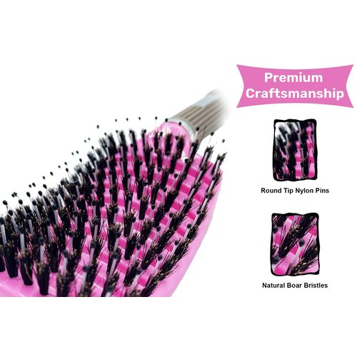 Zabolight Premium Vent Boar Bristle Hair Brush Vented Detangling Oversize Hair Brush for Thick Long Curly Hair, Curved Fast Blow Drying Brush for Women & Men (Pink)