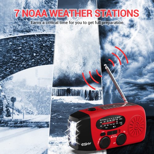 Esky Emergency Hand Crank Radio with 3 LED Flashlight, AM/FM/NOAA Portable Weather Radio with 2000mAh Power Bank Phone Charger, Solar Powered Rechargeable Radio for Indoor Survival Camping, SOS Alarm