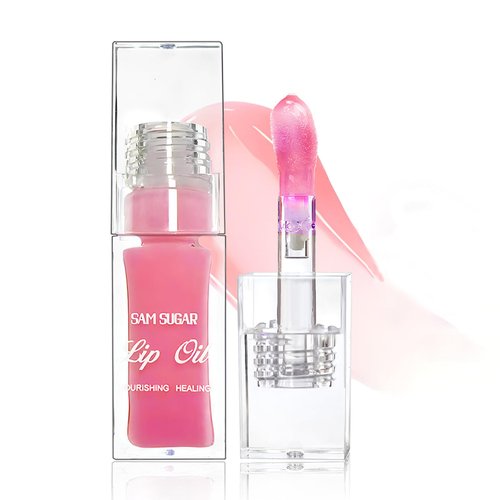 Sulily Glow Lip Oil,Pink Nourishing Tinted Lip Gloss,Plumping No-Sticky for Transparent High-shine Finish,Accumulate Jojoba Oil, Vegan (Pink)