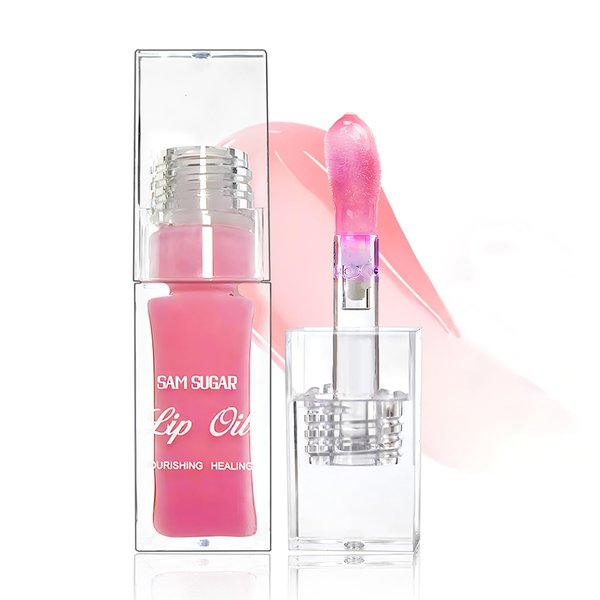 Sulily Glow Lip Oil,Pink Nourishing Tinted Lip Gloss,Plumping No-Sticky for Transparent High-shine Finish,Accumulate Jojoba Oil, Vegan (Pink)