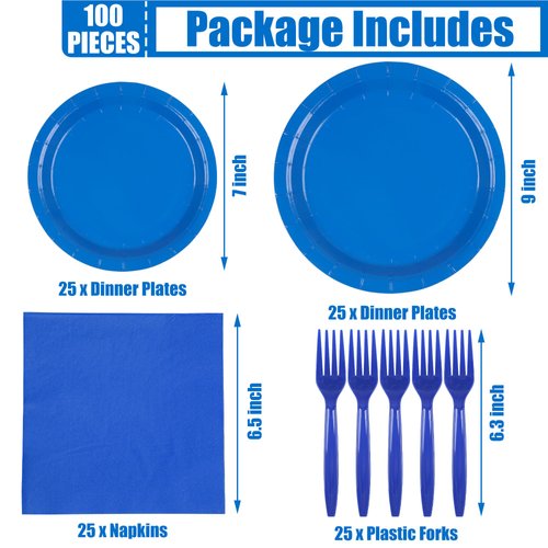 Fairooth 100 Count Blue Paper Plates and Napkins Blue Party Tableware Set Blue Disposable Plates Napkins and Forks for Wedding Birthday Party Bridal Shower Baby Shower, Serve 25