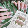 Sutaozhi Green French Tip Press on Nails Long Fake Nails with Camellia Flowers Design Spring Floral False Nails with Pearl Charms Acrylic Nails Nude Full Cover Glue on Nails Kit for Women Manicure Art