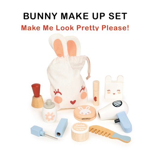 Mentari Toys - Bunny Make Up Set - 10 Pc Wooden Pretend Play Beauty Kit with Bunny Storage Bag - Role Play Toy with Realistic Pieces - Inspire Creativity and Imagination - Age 3+