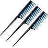 Leinuosen 3 Piece Triple Teasing Comb, Rat Tail Combs for Women's Teasing, Layering, Back Combing, Root Teasing, Volume Adding, and Evening Styling in Black and Blue