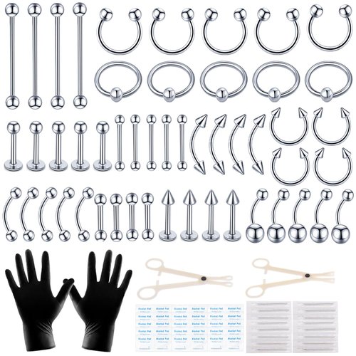 LOYAL BOOK 104pcs Piercing Kit 14G16G Belly Button Piercing Kit Septum Piercing Kit Belly Piercing Kit Piercing Kits for all piercings (Stainless steel color)