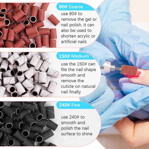 Difenni Sanding Bands for Nail Drill,Nail Drill Bits Sanding Bands 300pcs Coarse Medium Fine 80#150#240# Nail Sanding Bands with Rainbow 3/32" Mandrel Bit for Manicures and Pedicure