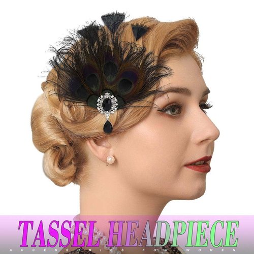 GENBREE 1920s Flapper Feather Hair Clip Black Peacock Headpiece Rhinestone Feather Hairband Prom Party Roaring 20s Hair Accessories for Women