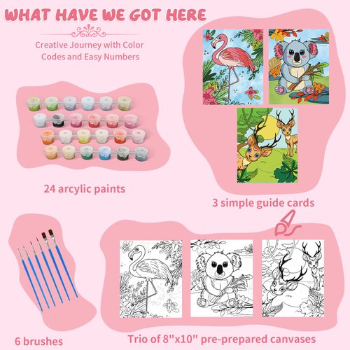 Paint By Numbers Kit For Kid and Adult, 3 Pack Pre Drawn Canvas, Includes 8x10 Inch Framed Canvas with 24x3ml Acrylic Paint Pot, 6 Brushes, Crafts Gift For Girls 6-12, Adult, Art Supplies, Paint Set